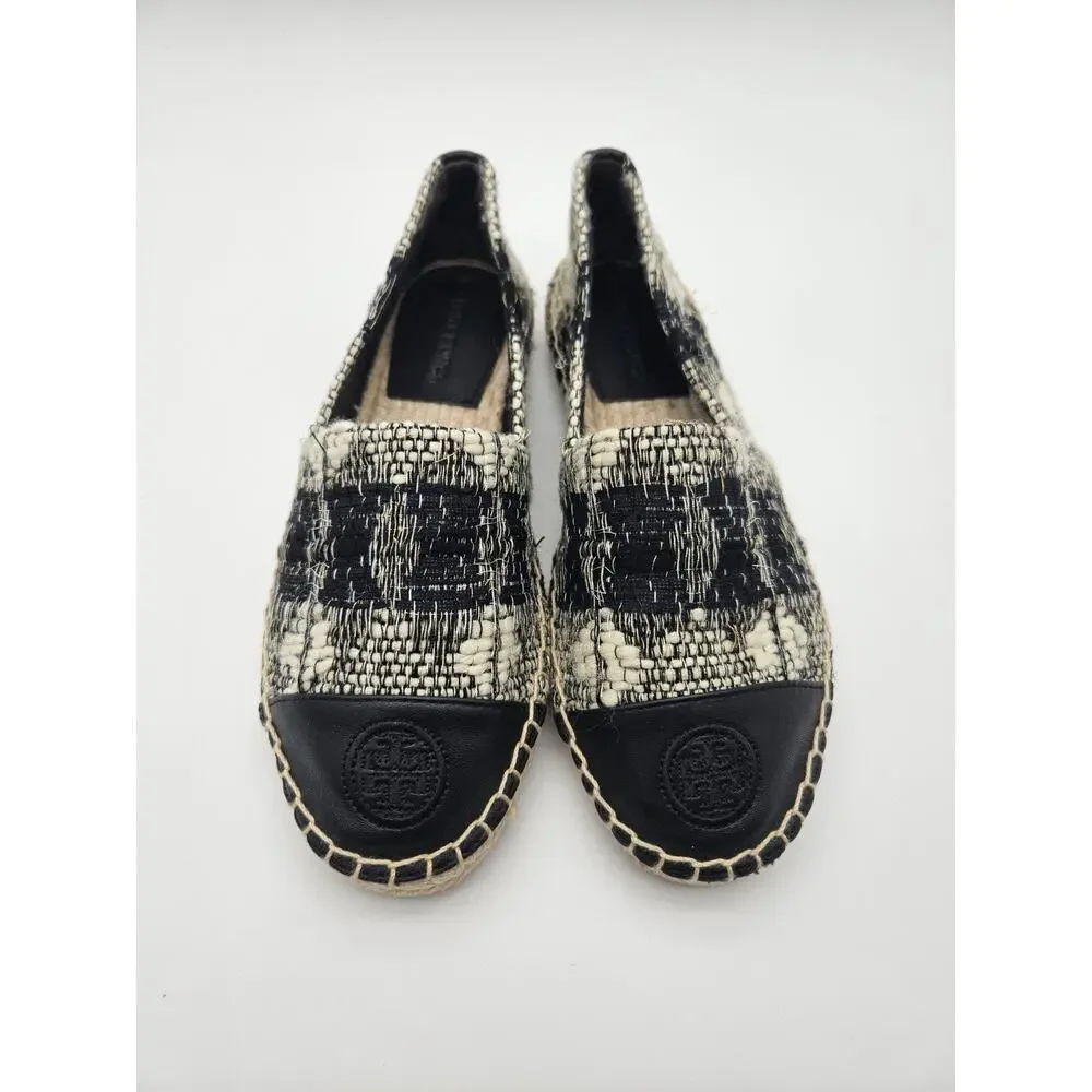 Tory Burch Logo Espadrille Flats Black Ivory Tweed Round Toe Slip-On sz 6.5